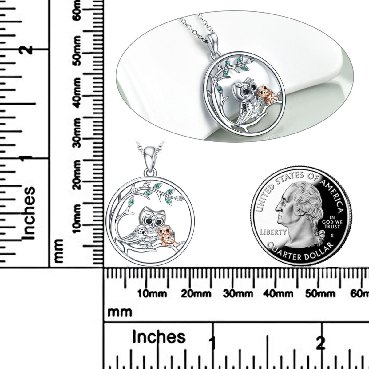 Sterling Silber zweifarbig kreisförmig geformt Cubic Zirkonia Eule Anhänger Halskette für Mutter & Tochter-5