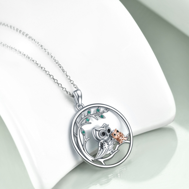 Sterling Silver Two-tone Circular Shaped Cubic Zirconia Owl Pendant Necklace For Mother & Daughter-2