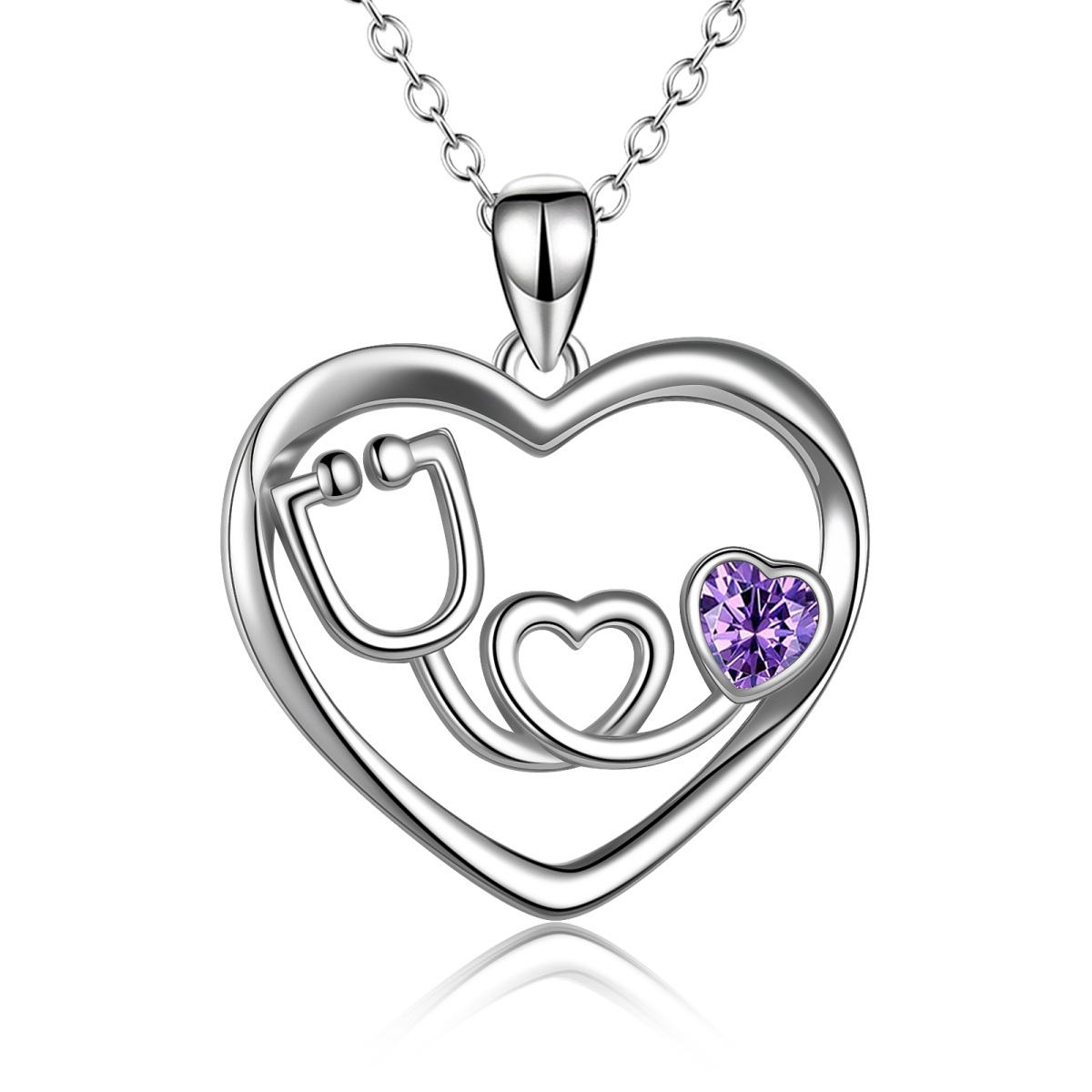 Sterling Silver Cubic Zirconia Heart & Stethoscope Pendant Necklace-1