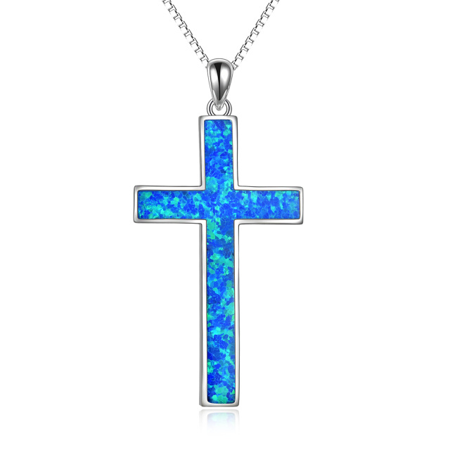 Sterling Silver Blue Opal Cross Pendant Necklace-1