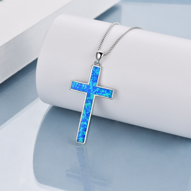 Sterling Silver Blue Opal Cross Pendant Necklace-2