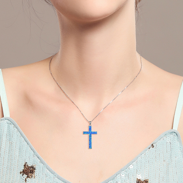 Sterling Silver Blue Opal Cross Pendant Necklace-1