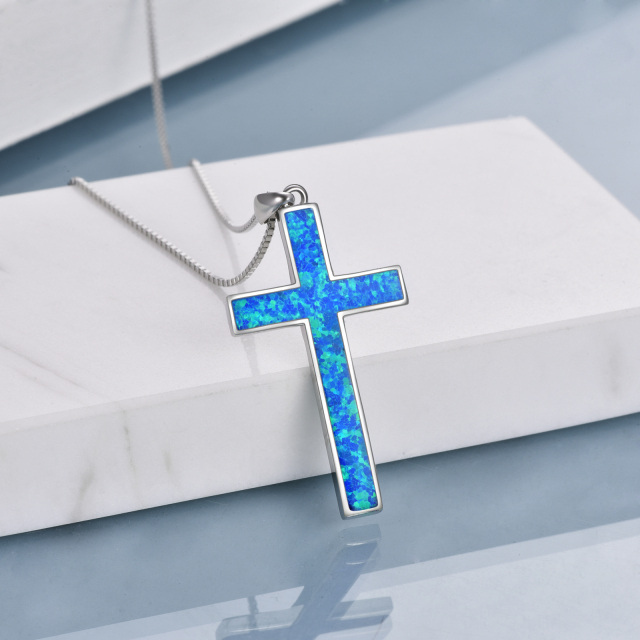 Sterling Silver Blue Opal Cross Pendant Necklace-3