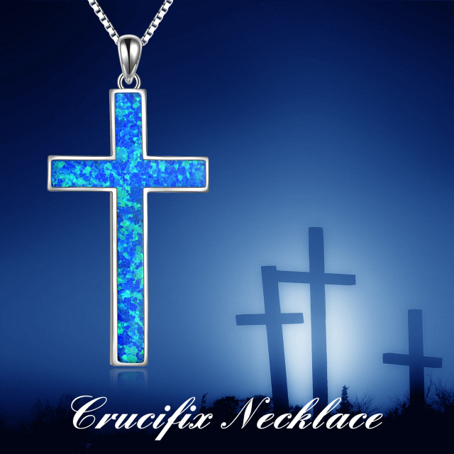 Sterling Silver Blue Opal Cross Pendant Necklace-5