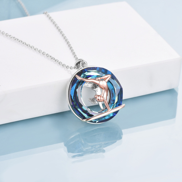 Sterling Silver Two-tone Circular Shaped Gymnastics Girl Crystal Pendant Necklace-4