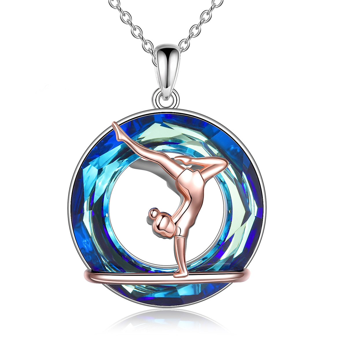 Sterling Silver Two-tone Circular Shaped Gymnastics Girl Crystal Pendant Necklace-1
