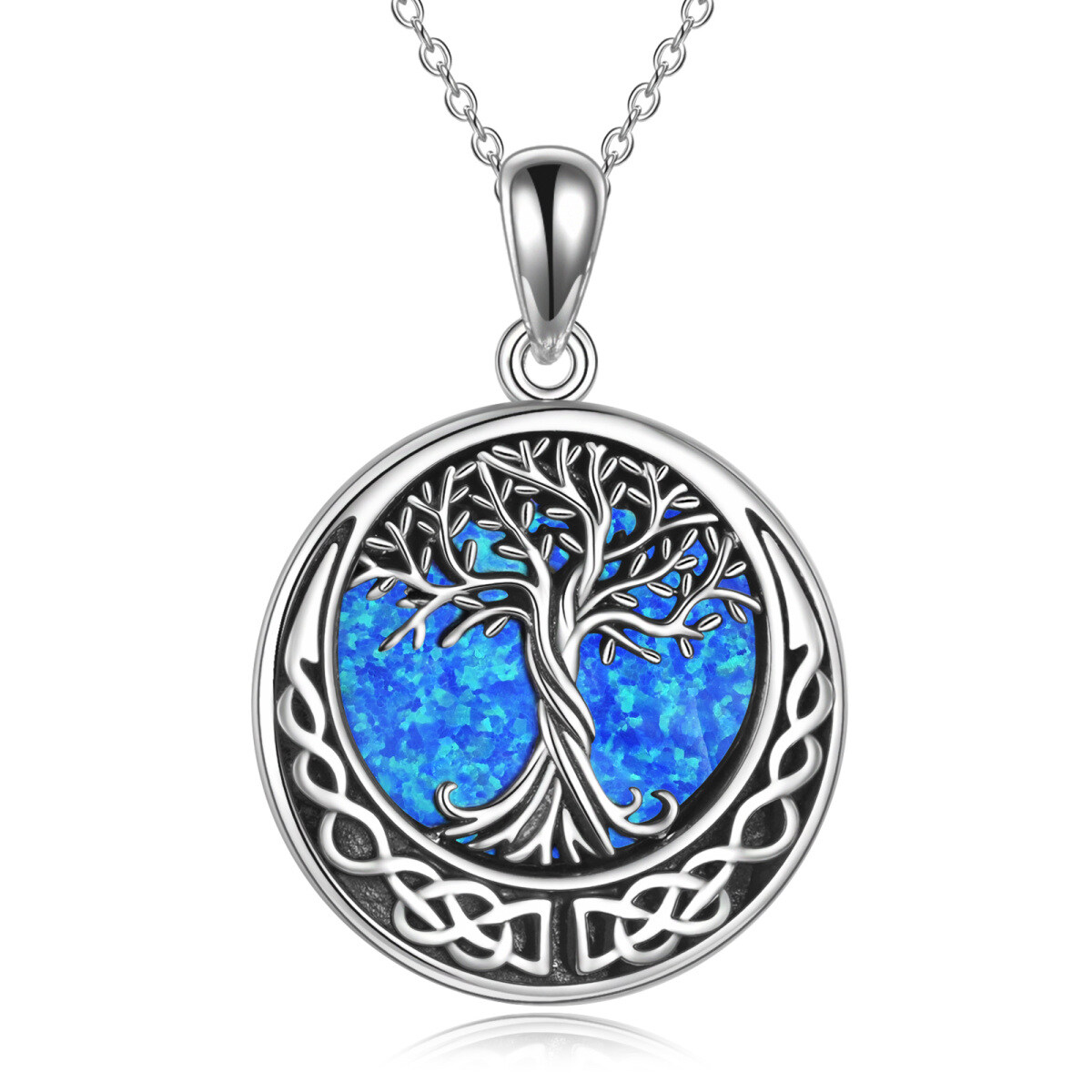 Sterling Silver Opal Tree Of Life & Celtic Knot & Moon Pendant Necklace-1