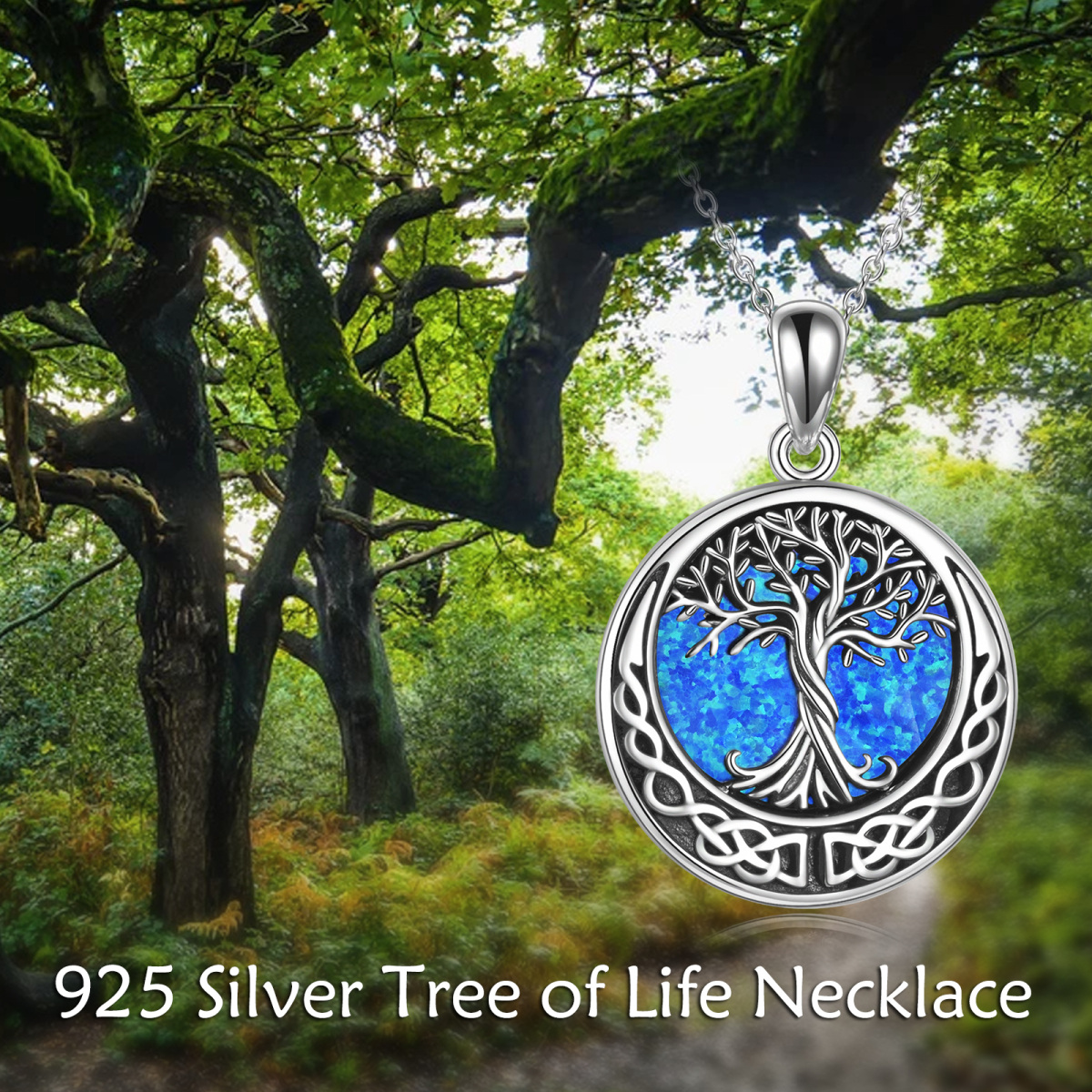 Sterling Silver Opal Tree Of Life & Celtic Knot & Moon Pendant Necklace-6