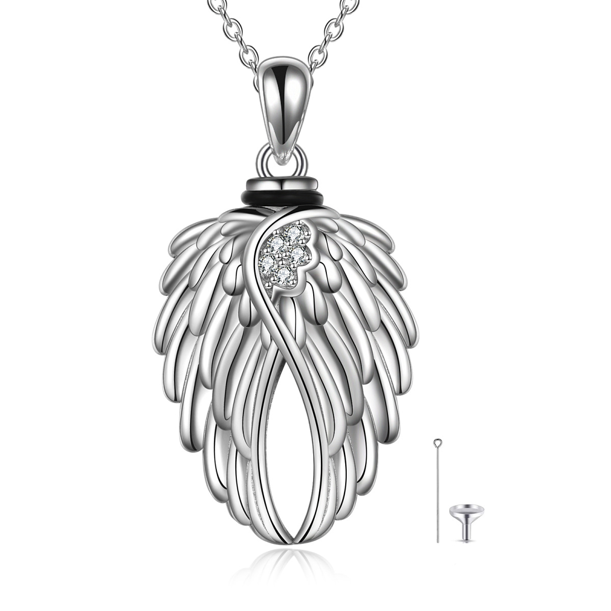 Sterling Silber Engel Flügel & Herz Urne Halskette für Asche mit eingraviertem Wort-1