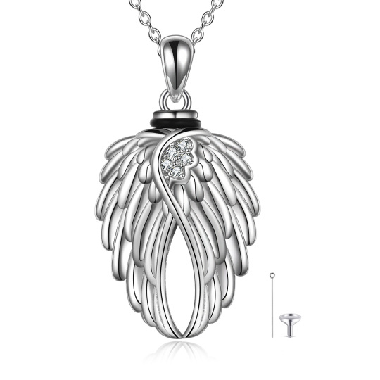 Collana d'argento con ala d'angelo e cuore per le ceneri con parola incisa