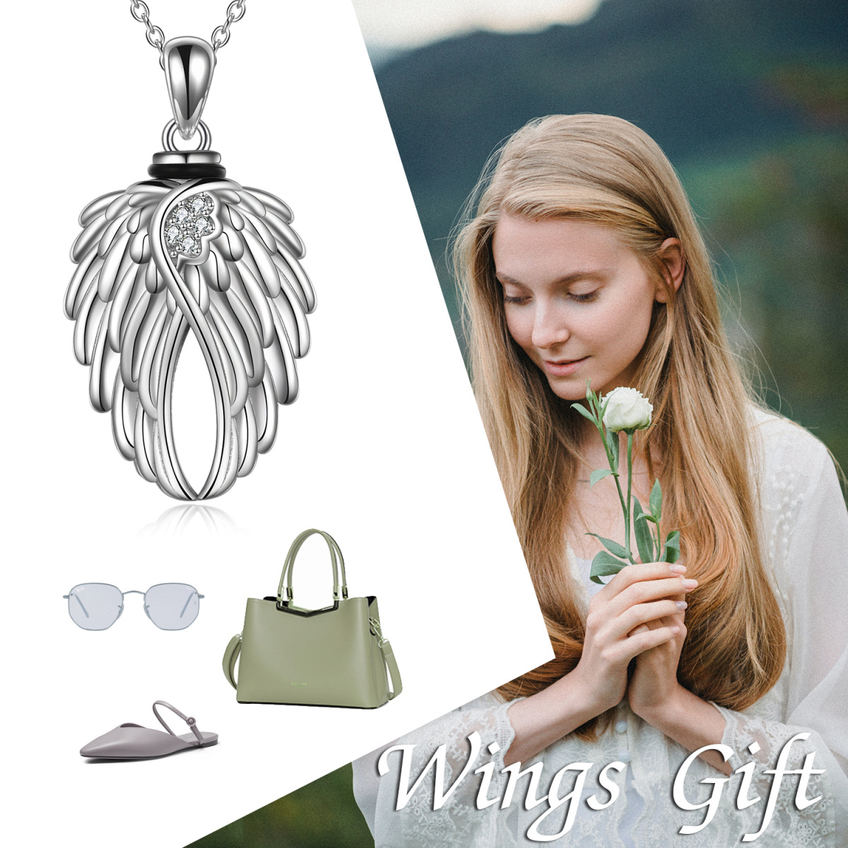 Sterling Silver Angel Wing & Heart Urn Necklace for Ashes with Engraved Word-6