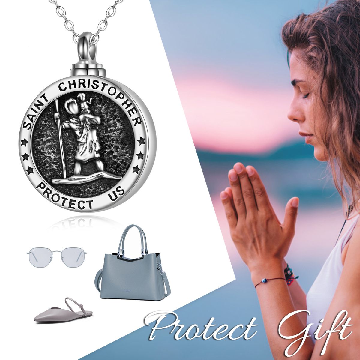 Sterling Silver Saint Christopher Urn Necklace for Ashes with Engraved Word-6