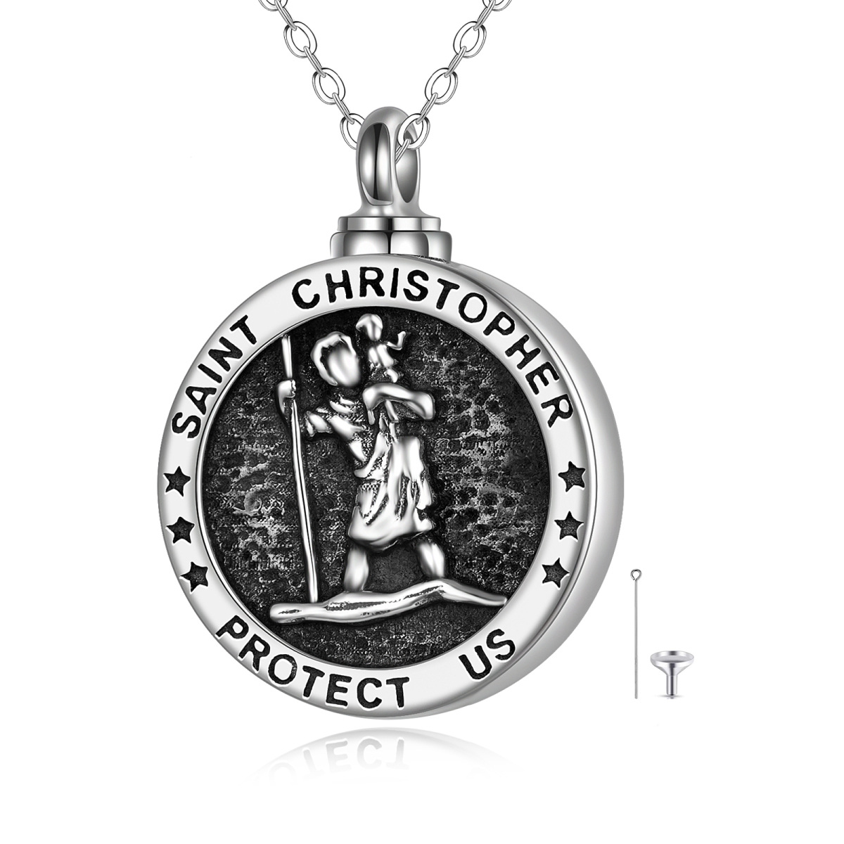 Sterling Silver Saint Christopher Urn Necklace for Ashes with Engraved Word-1