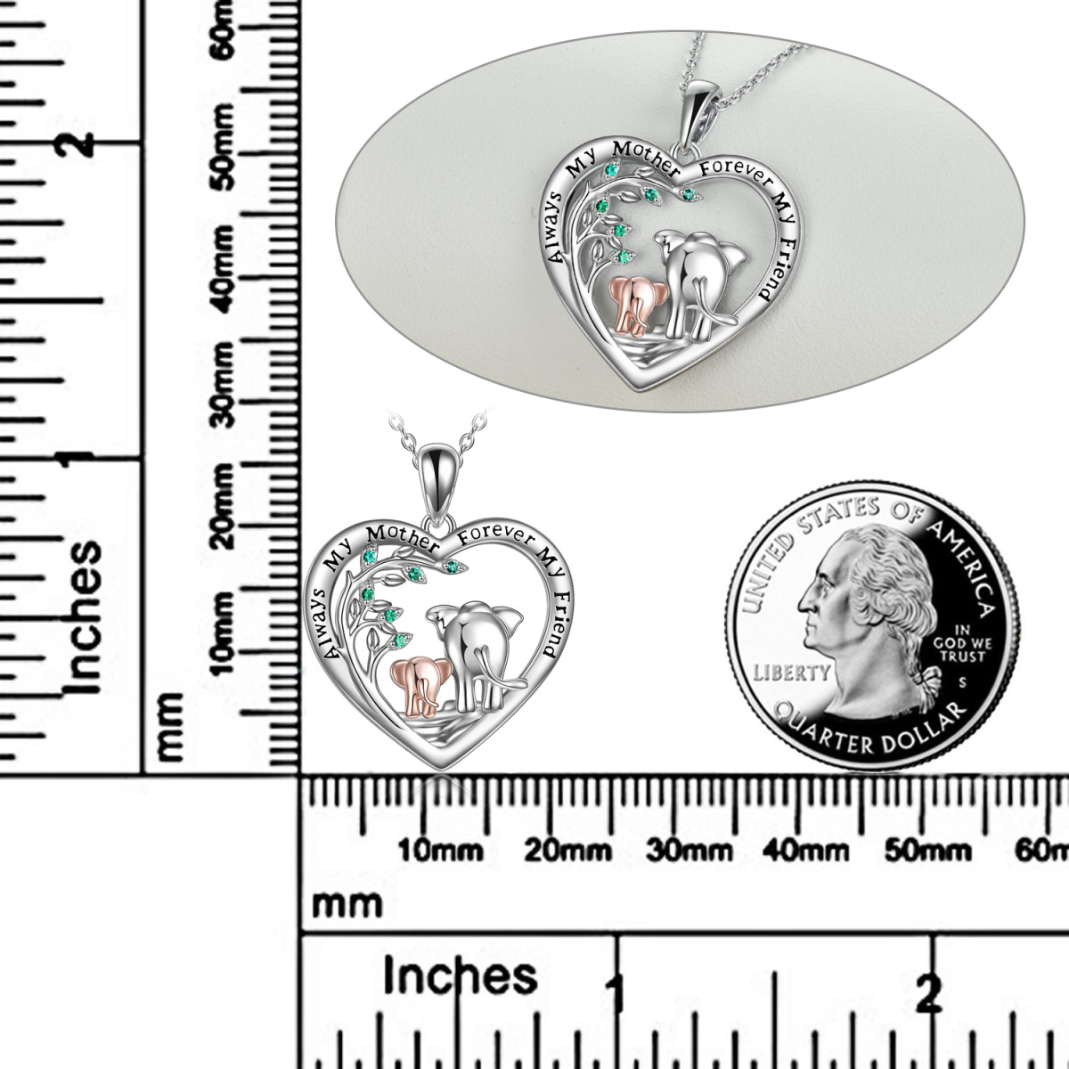 Sterling Silver Two-tone Elephant Mother & Child Heart Pendant Necklace with Engraved Word-5