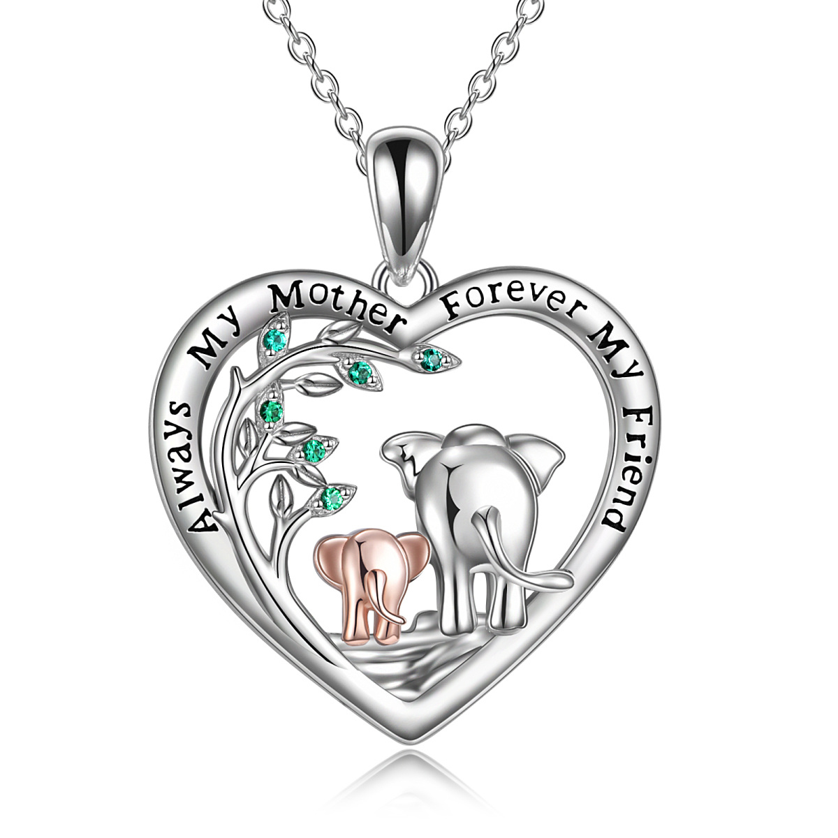 Collar de plata de ley bicolor con elefante y corazón de madre e hijo con palabra grabada-1