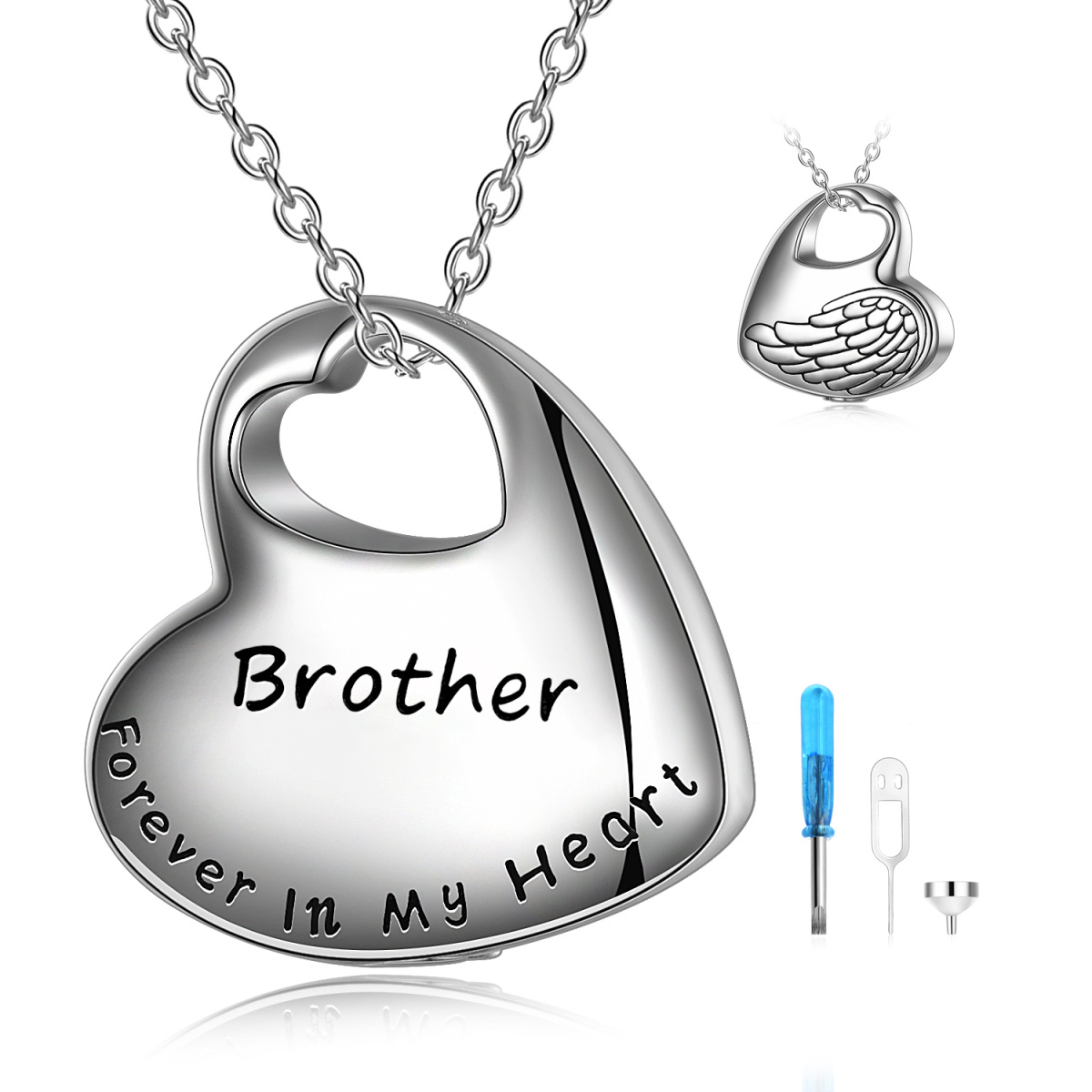 Sterling Silber Herz Engel Flügel Urne Halskette für Asche mit eingraviertem Wort für Bruder-1