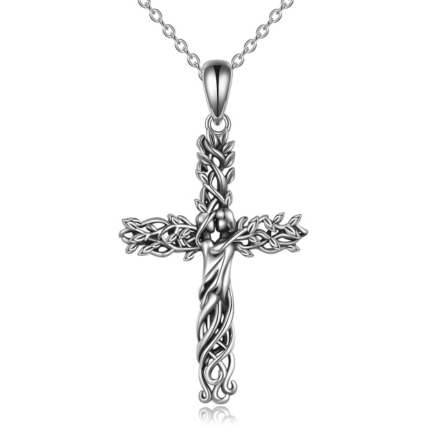 Sterling Silver Tree Of Life Sisters & Cross Pendant Necklace-5