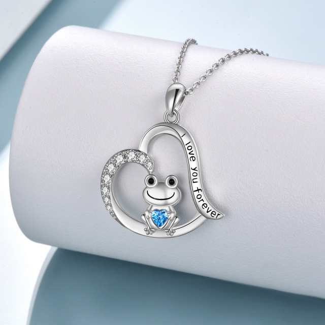 Sterling Silver Heart Shaped Cubic Zirconia Frog & Heart Pendant Necklace with Engraved Word-2