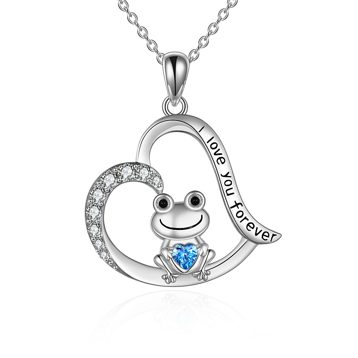 Sterling Silver Heart Shaped Cubic Zirconia Frog & Heart Pendant Necklace with Engraved Word-1