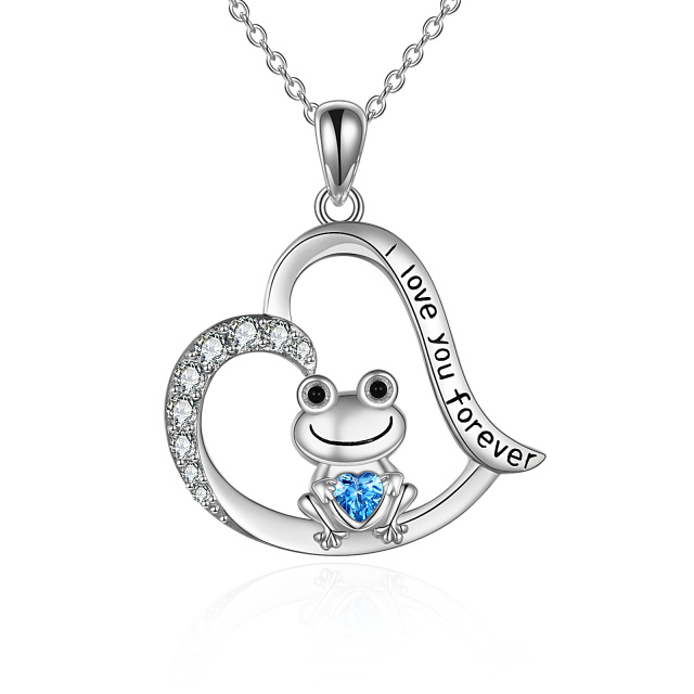 Sterling Silver Heart Shaped Cubic Zirconia Frog & Heart Pendant Necklace with Engraved Word-0
