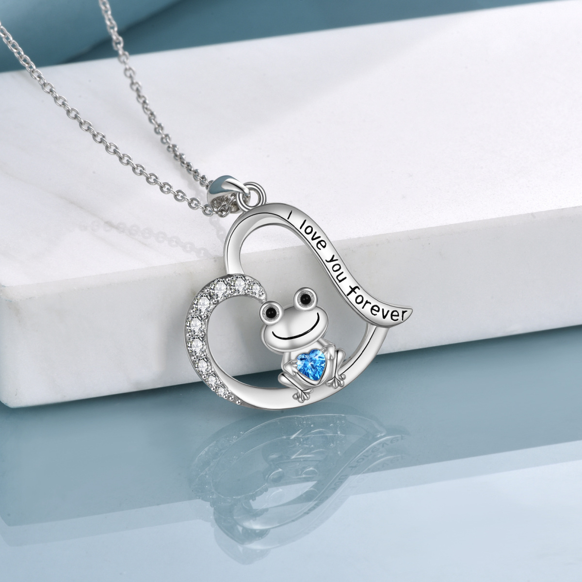 Sterling Silver Heart Shaped Cubic Zirconia Frog & Heart Pendant Necklace with Engraved Word-4