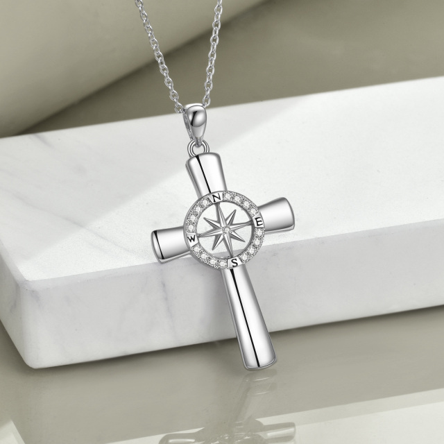 Sterling Silver Circular Shaped Cubic Zirconia Compass & Cross Pendant Necklace-4