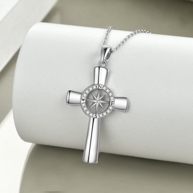 Sterling Silver Circular Shaped Cubic Zirconia Compass & Cross Pendant Necklace-3