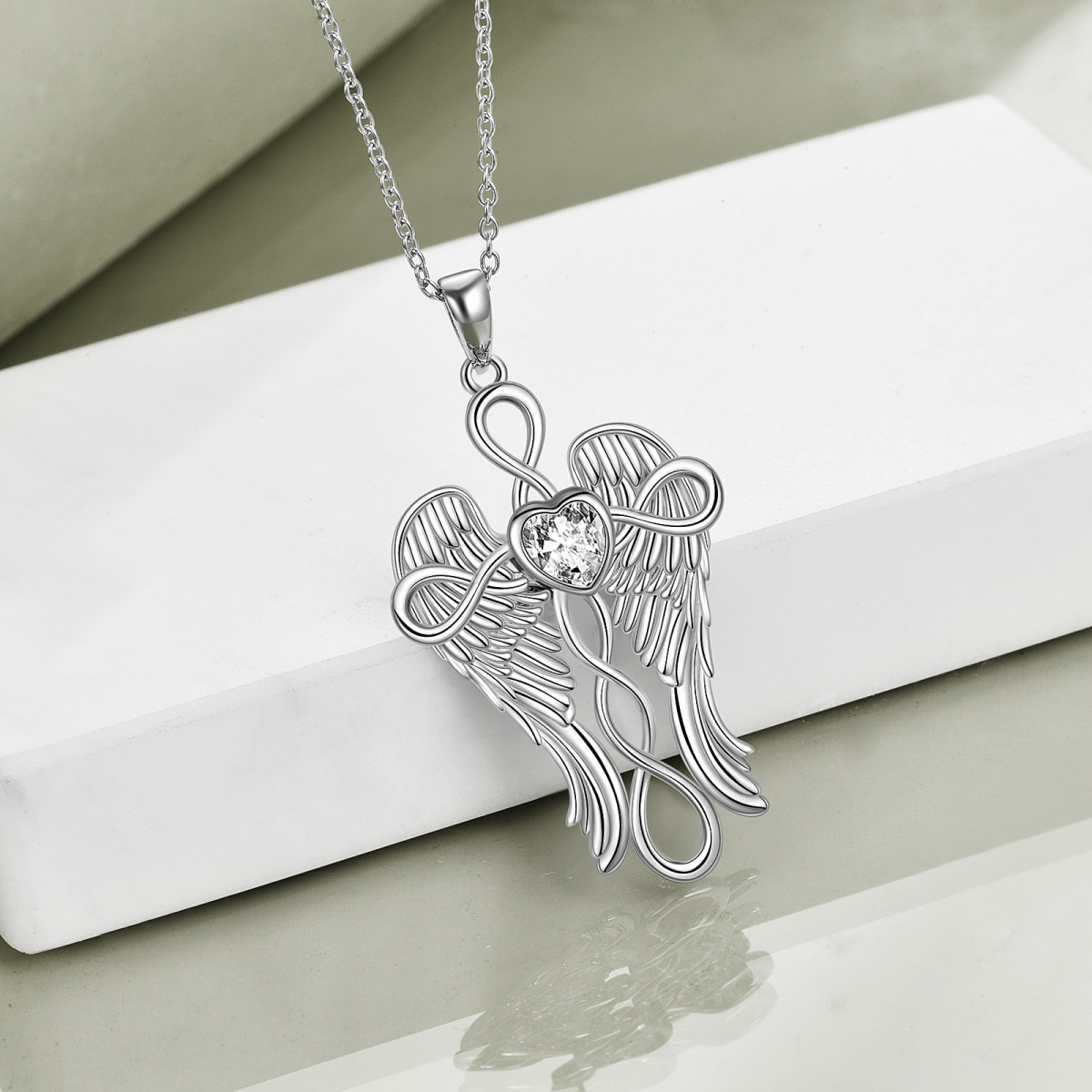 Sterling Silver Heart Shaped Cubic Zirconia Angel Wing & Cross Pendant Necklace-4