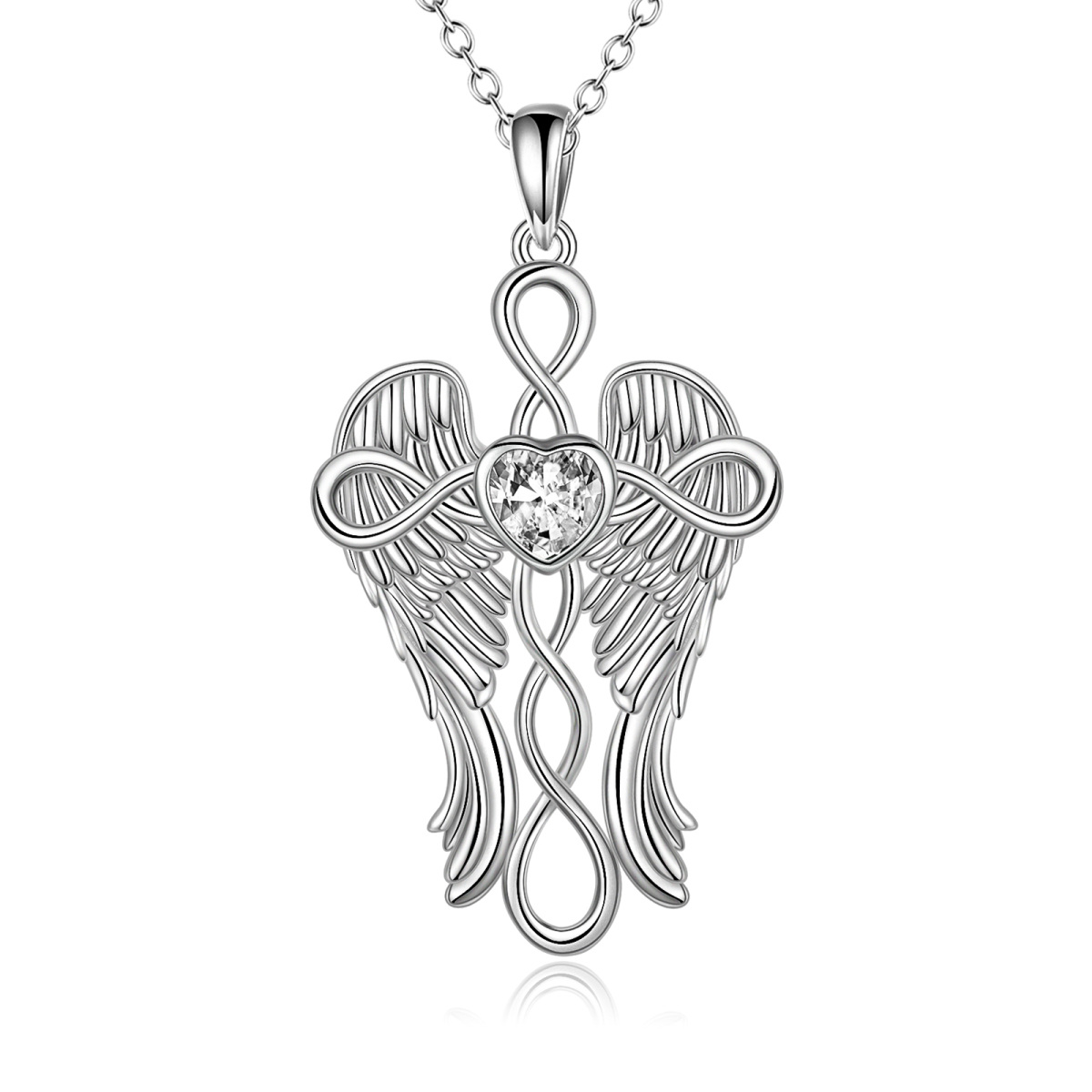 Sterling Silver Heart Shaped Cubic Zirconia Angel Wing & Cross Pendant Necklace-1