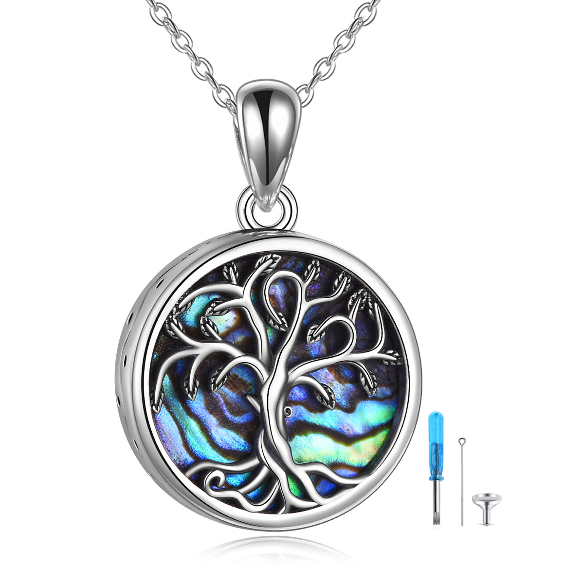 Sterling Silver Abalone Shellfish Tree Of Life Urn Necklace for Ashes with Engraved Word-1