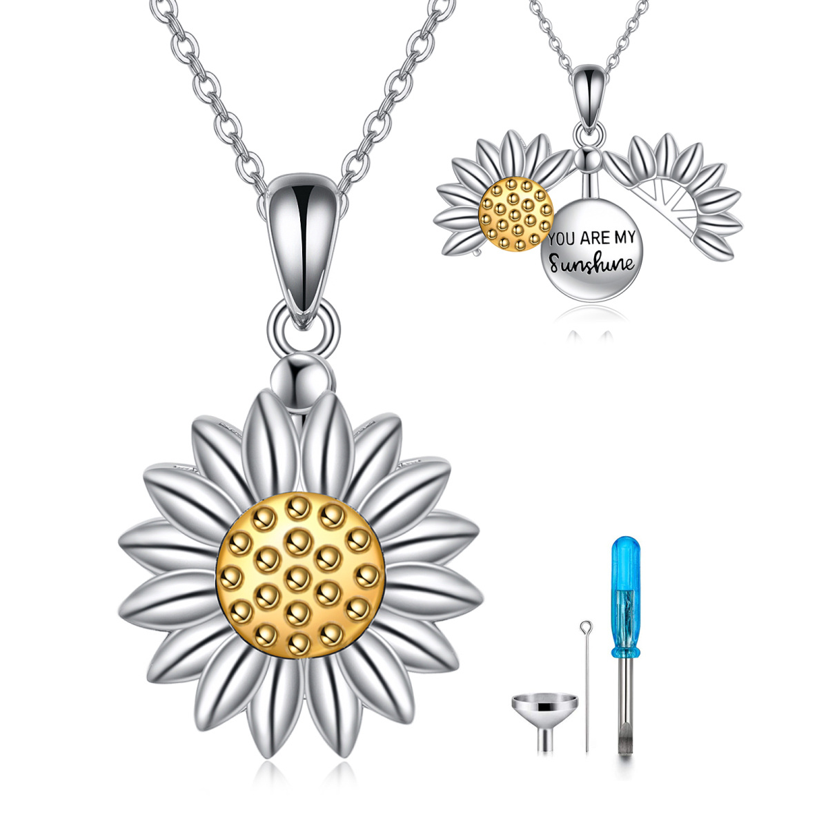 Sterling Silver Two-tone Sunflower Urn Necklace for Ashes-1