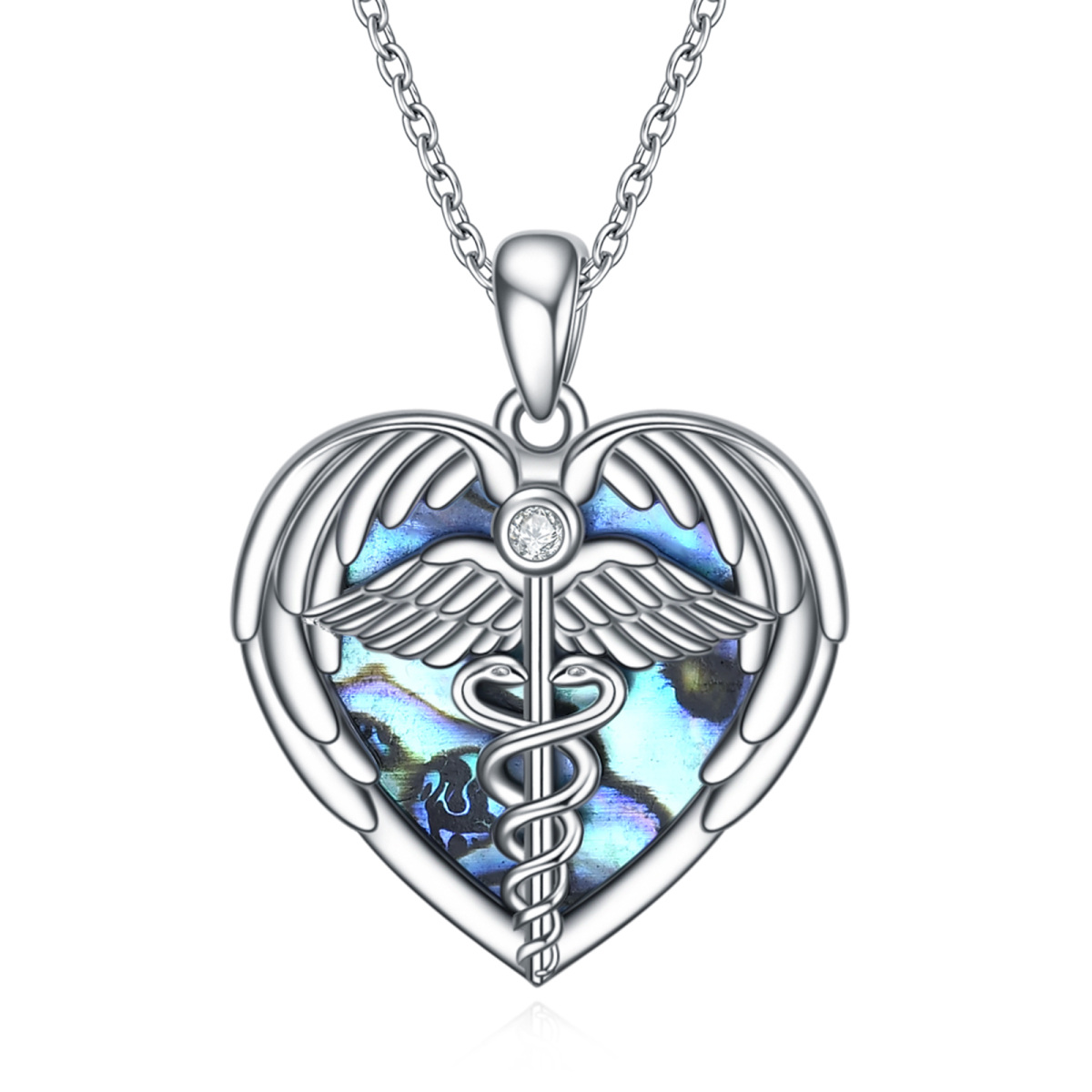 Sterling Silver Heart Shaped Abalone Shellfish Angel Wing & Caduceus & Heart Pendant Necklace-1