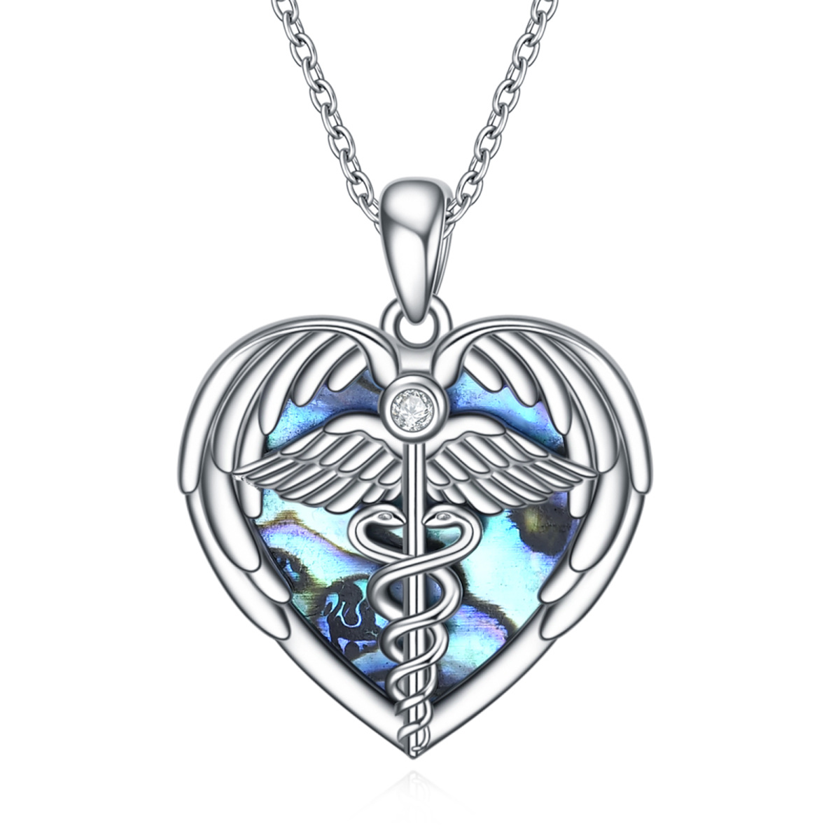 Collier en argent sterling avec pendentif abalone en forme de coeur, aile d'ange, caducée-1