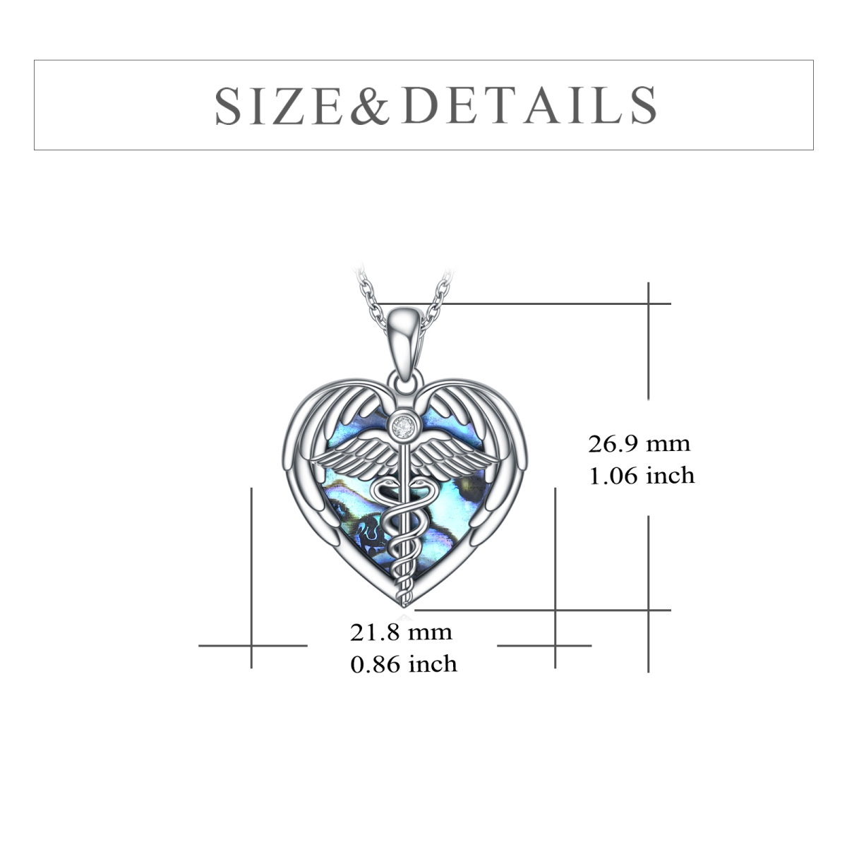 Sterling Silver Heart Shaped Abalone Shellfish Angel Wing & Caduceus & Heart Pendant Necklace-5