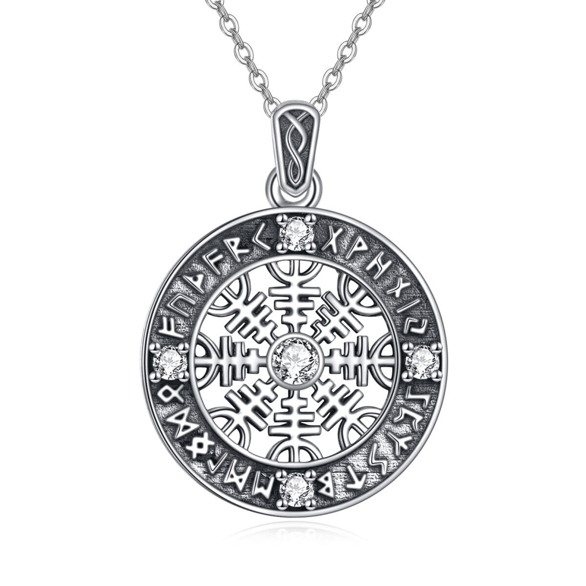 Sterling Silver Round Cubic Zirconia Compass & Viking Rune Pendant Necklace-1