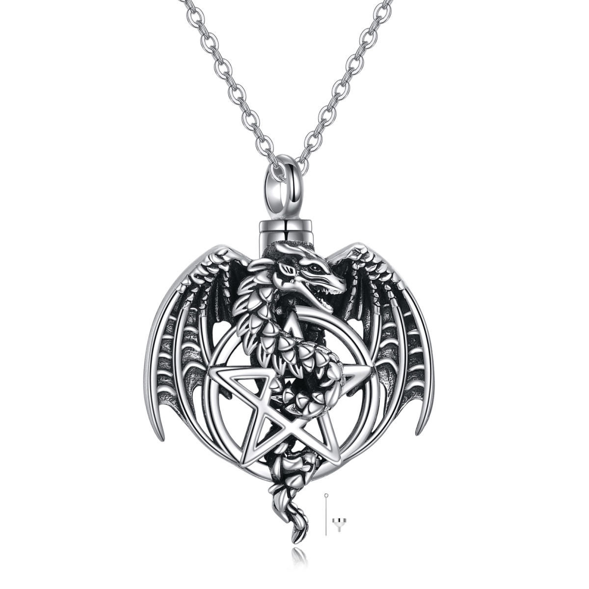 Sterling Silver Dragon & Pentagram Urn Necklace for Ashes-1