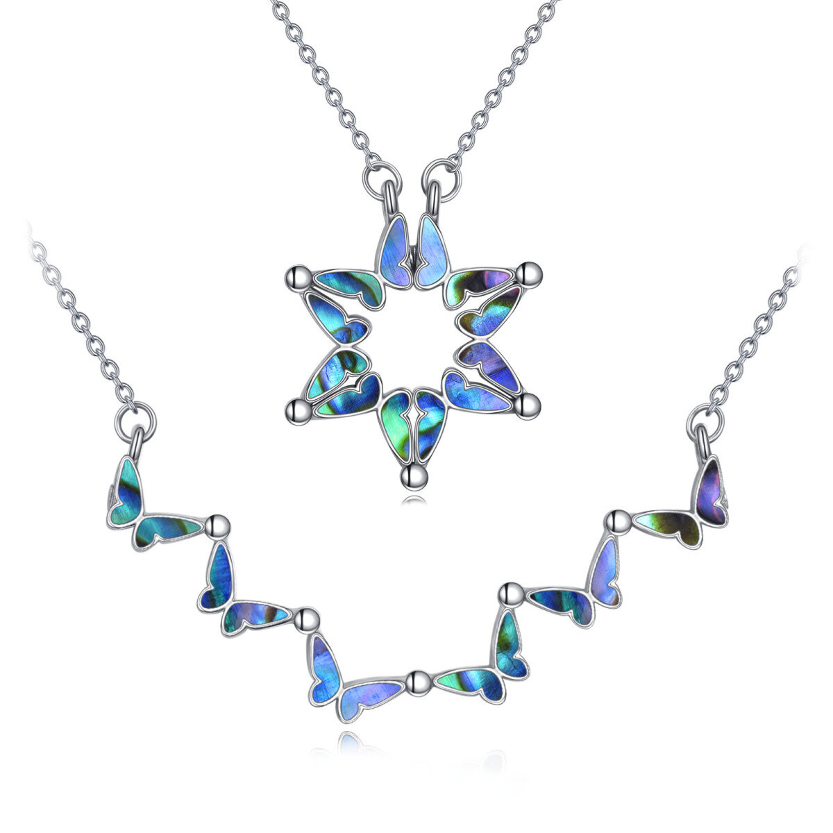 Sterling Silver Abalone Shellfish Butterfly & Star Pendant Necklace-1