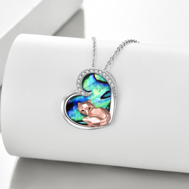 Sterling Silver Two-tone Abalone Shellfish Fox & Heart Pendant Necklace-2