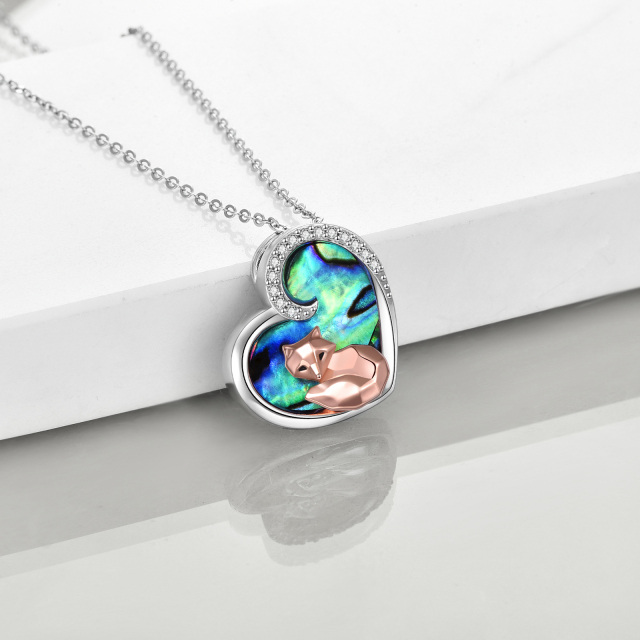 Sterling Silver Two-tone Abalone Shellfish Fox & Heart Pendant Necklace-3