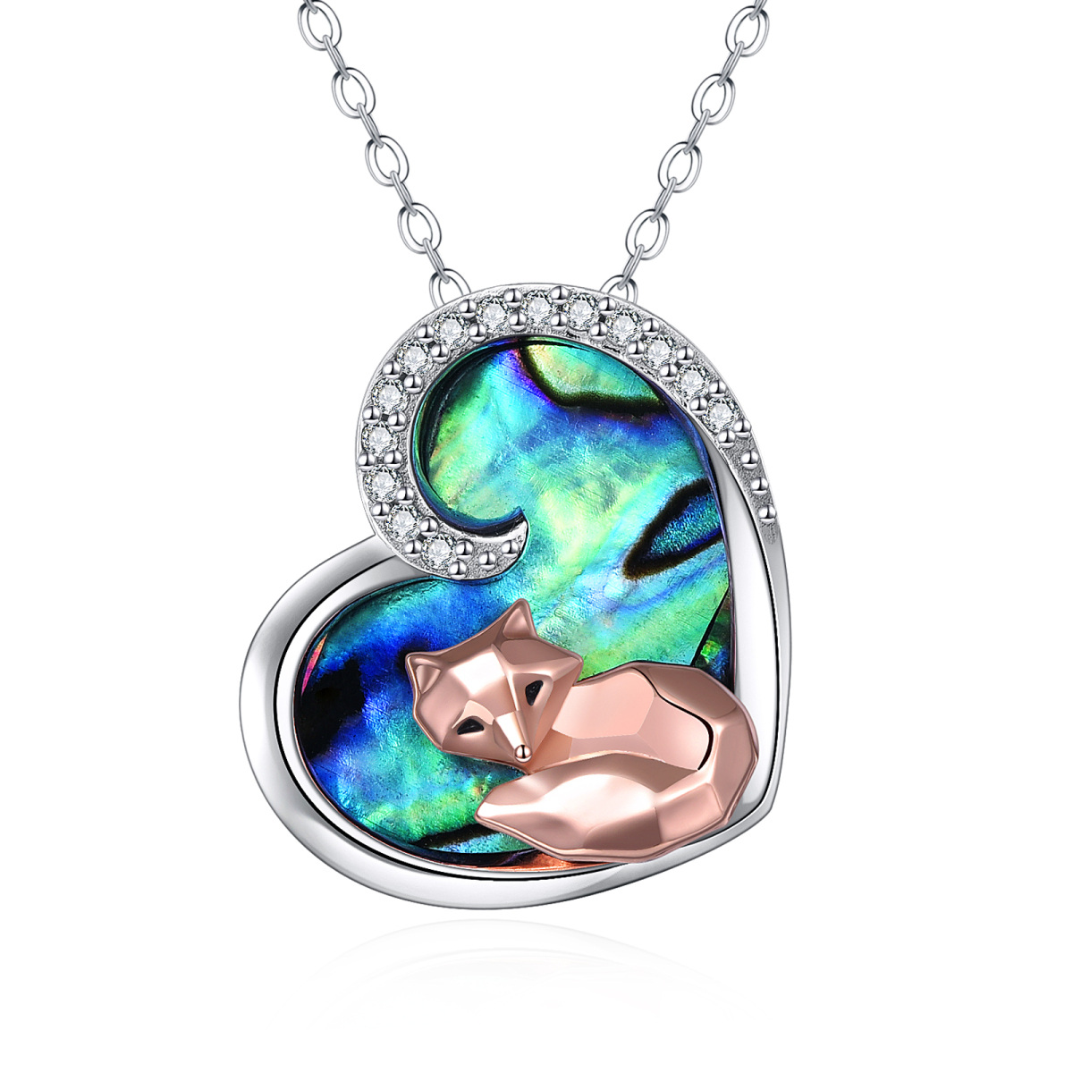 Sterling Silver Two-tone Abalone Shellfish Fox & Heart Pendant Necklace-1