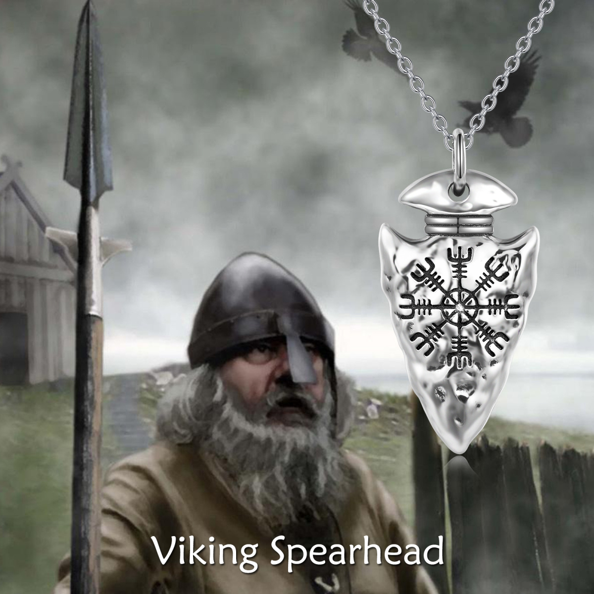 Collar de plata de ley con brújula y cabeza de lanza vikinga para hombre-6
