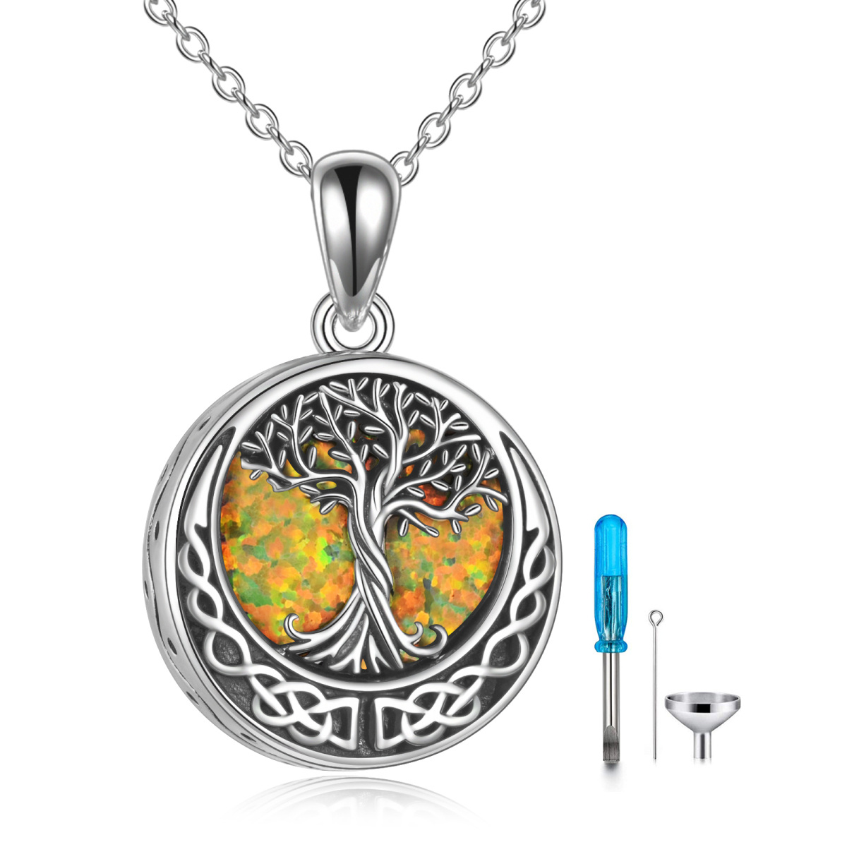 Sterling Silver Opal Tree Of Life & Celtic Knot Urn Necklace for Ashes with Engraved Word-1