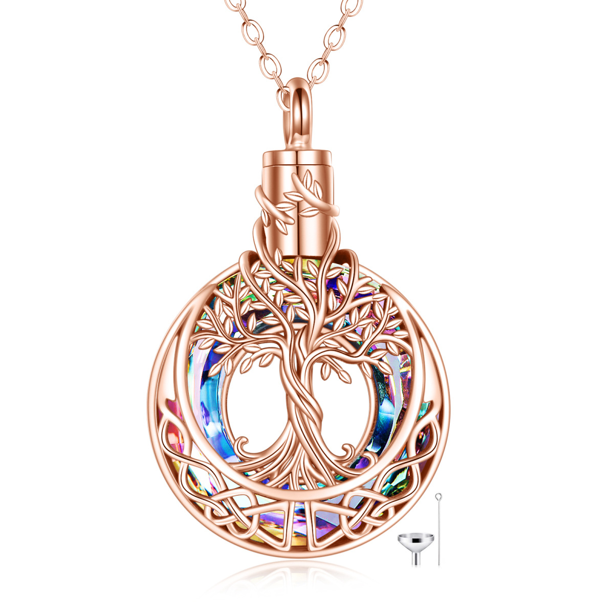 Sterling Silver with Rose Gold Plated Crystal Tree Of Life & Celtic Knot Urn Necklace for Ashes-1