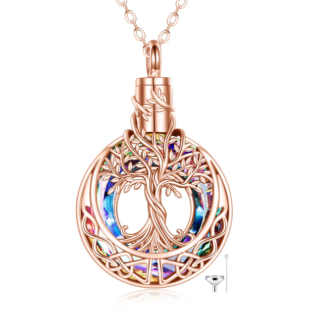 Sterling Silver with Rose Gold Plated Crystal Tree Of Life & Celtic Knot Urn Necklace for Ashes-0