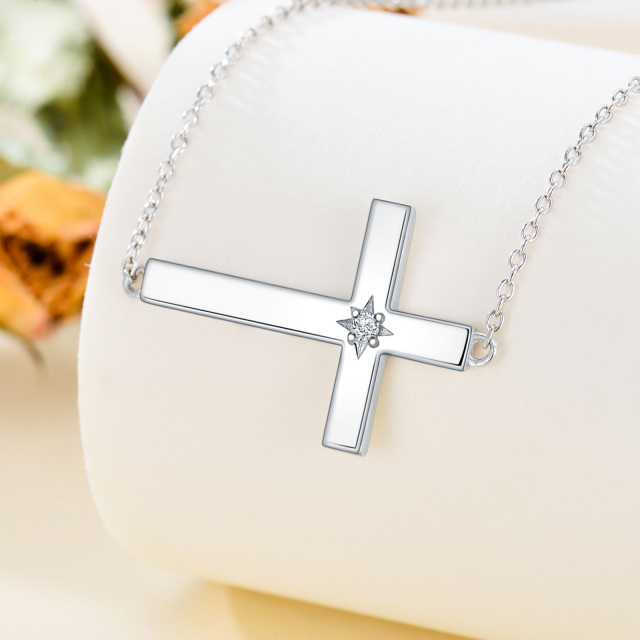Sterling Silver Round Moissanite Cross Pendant Necklace-4