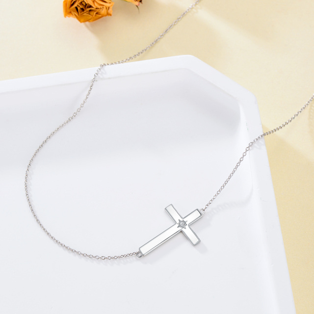 Sterling Silver Round Moissanite Cross Pendant Necklace-5