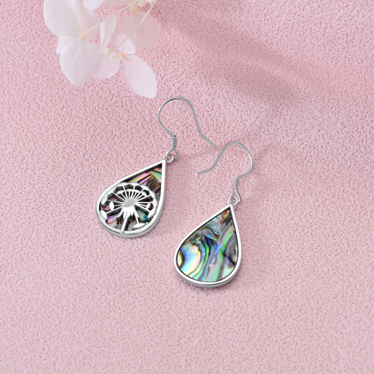 Sterling Silver Pear Shaped Abalone Shellfish Dandelion & Drop Shape Drop Earrings-4