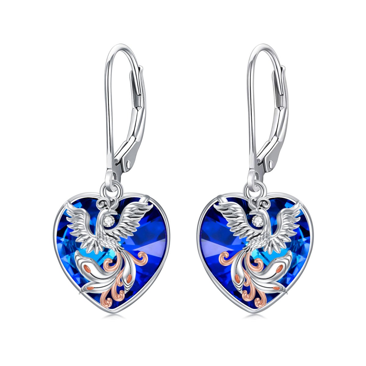 Sterling Silver Two-tone September Birthstone Heart Crystal Phoenix Lever-back Earrings-1