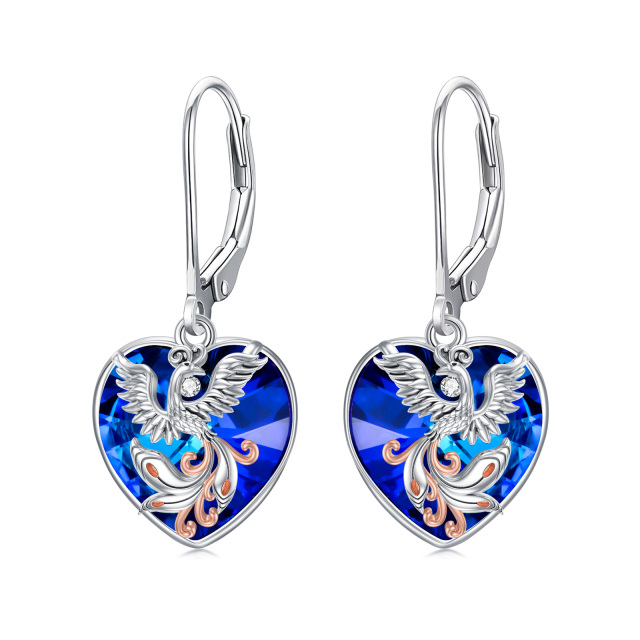 Sterling Silver Two-tone Heart Shaped Crystal Phoenix & Heart Lever-back Earrings-1