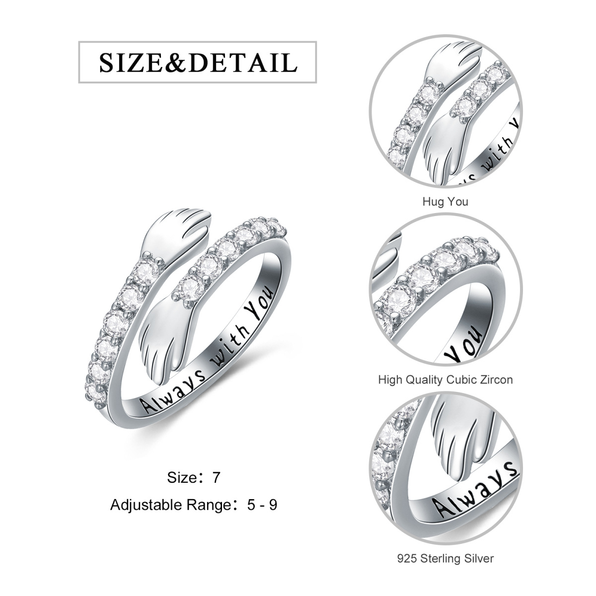 Sterling Silver Circular Shaped Cubic Zirconia Lover Couples Embrace Open Ring with Engraved Word-5